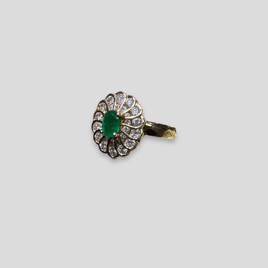 Oval Emerald and Diamond Framed Ring in 14k Yellow Gold