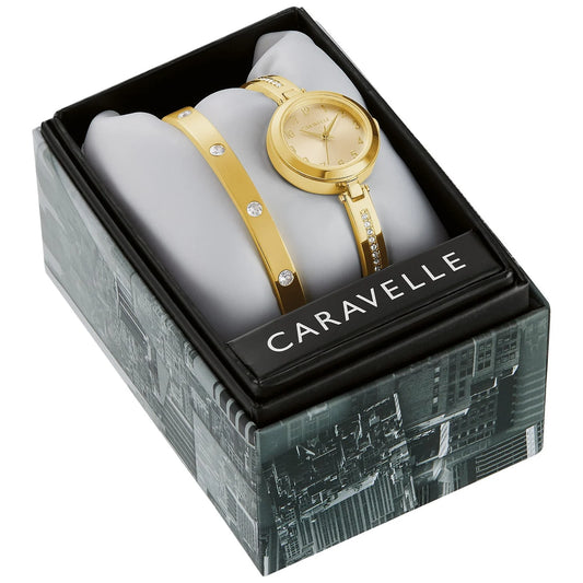 Caravelle Gold-Tone Ladies Watch & Bangle Set