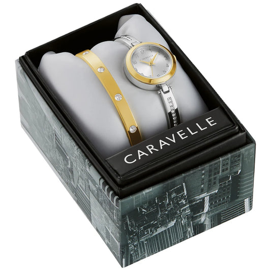 Caravelle Women's Two-Tone Ladies Watch & Gold Tone Bangle Set