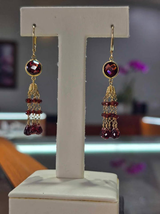 5-Strand Garnet Dangle Earrings in 14k Gold