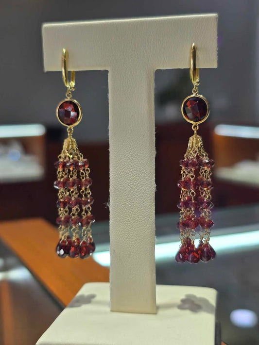 7-Strand Garnet Dangle Earrings in 14k Gold