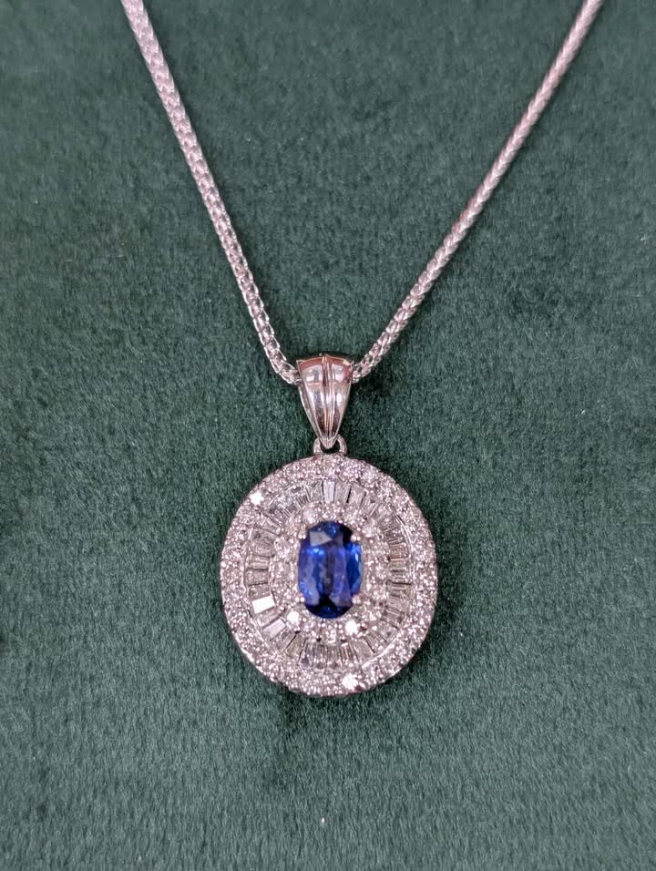 14K White Gold Oval Blue Sapphire & Diamond Halo Necklace