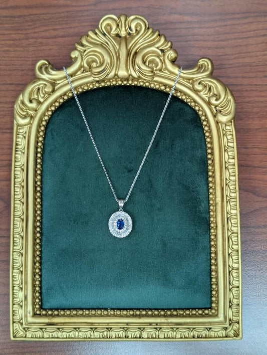 14K White Gold Oval Blue Sapphire & Diamond Halo Necklace