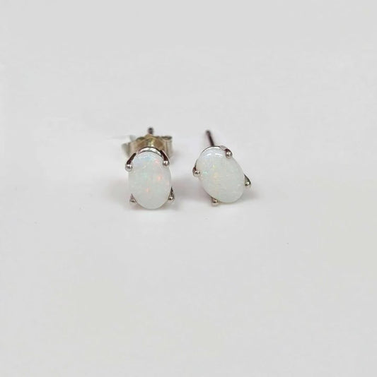 Oval Opal Stud Earrings in 14k White Gold