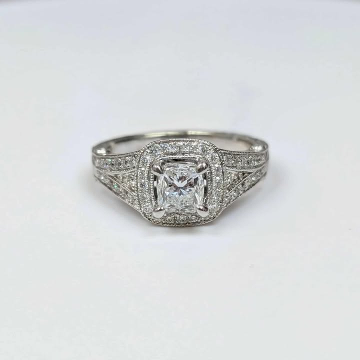 1.08 CT.T.W. Square Radiant-cut Diamond Framed Engagement Ring with 14k White Gold Engraved Band