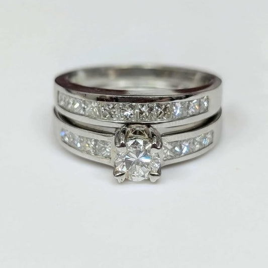 1.35 CT.T.W. Round Diamond Engagement Channel Set Band Bridal Set in 14k White Gold with Heart Prongs