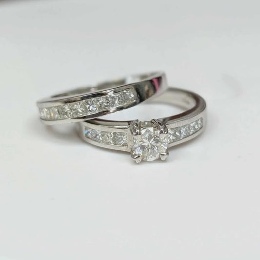 1.35 CT.T.W. Round Diamond Engagement Channel Set Band Bridal Set in 14k White Gold with Heart Prongs
