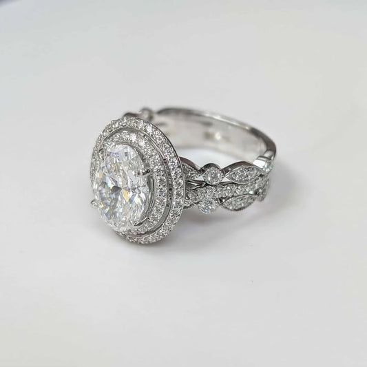 2.48 CT Oval-Cut Double Framed Lab Created Diamond Engagement Ring with Multi-row band in 14k White Gold