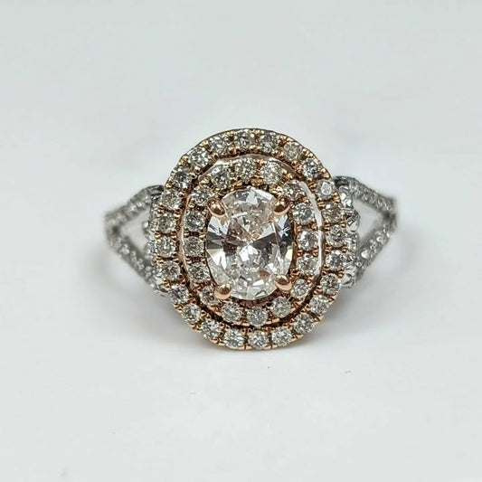 1.22 CT.T.W. Double Framed Oval-cut Diamond Engagement Ring in 14k Two Tone Gold with Heart Accents