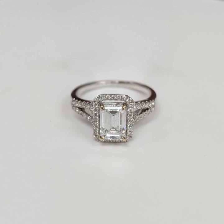 1.54 CT.T.W. Emerald-cut Floating Frame Lab Created Diamond Engagement Ring with Split Sank in 14k White Gold with Yellow Gold Prongs