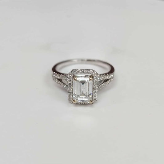 1.54 CT.T.W. Emerald-cut Floating Frame Lab Created Diamond Engagement Ring with Split Sank in 14k White Gold with Yellow Gold Prongs