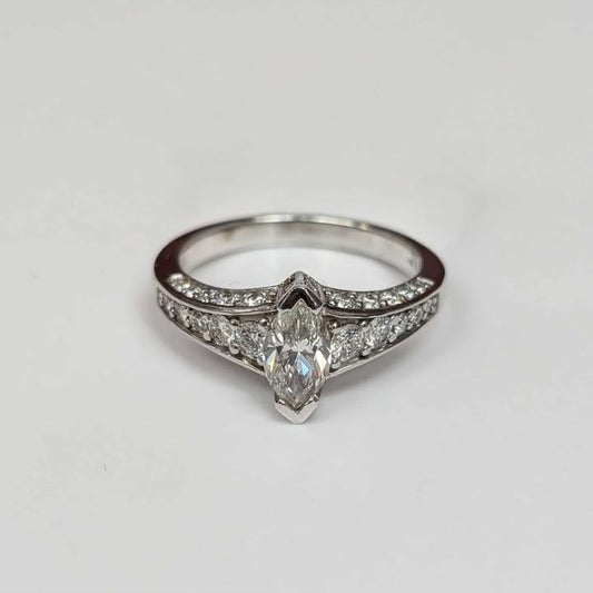 1.31 Marquis-cut Diamond Engagement Ring with Tapered Channel Set Diamond Band & Side Diamonds in 14k White Gold