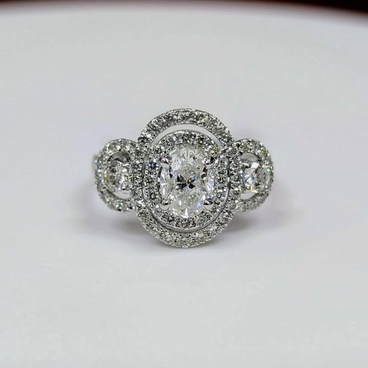 1.72 CT.T.W Three Stone Oval-cut Diamond with Double Frame Engagement Ring in 14k White Gold