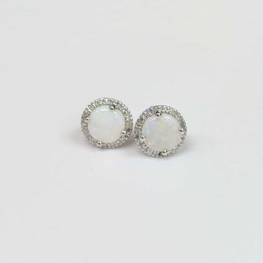 0.15 CT.T.W. Diamond Framed Opals Earring Studs in 14k White Gold