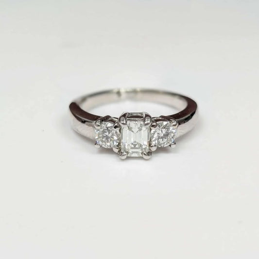 0.98 CT.T.W Three Stone Emerald & Rounds Diamond Engagement Ring in 14k White Gold