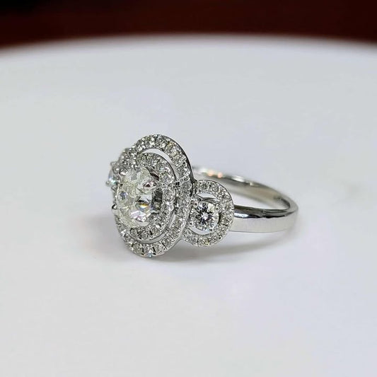 1.72 CT.T.W Three Stone Oval-cut Diamond with Double Frame Engagement Ring in 14k White Gold