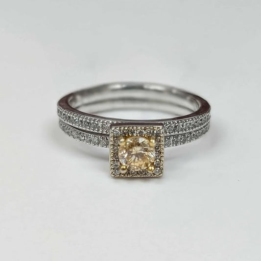 1.29 CT.T.W. Round-cut Yellow Diamond with White Diamond Square Frame in 14k Two Toned Gold on Eternity Milgrain Bands