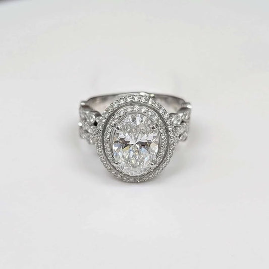 2.48 CT Oval-Cut Double Framed Lab Created Diamond Engagement Ring with Multi-row band in 14k White Gold