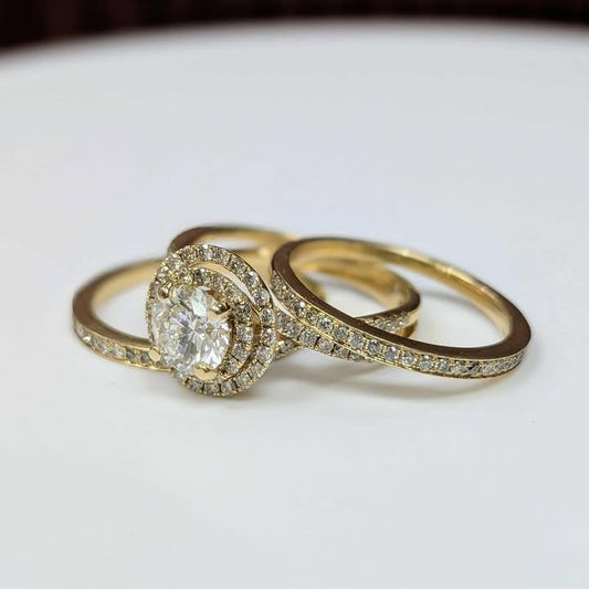 1.98 CT.T.W. GIA Certified Round-cut Diamond Engagement Ring with Diamond Frame & Bands Three Ring Bridal Set in 14k Gold