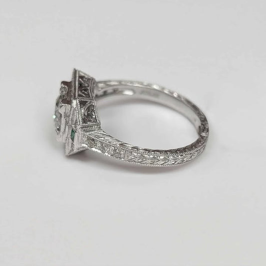 0.99 CT.T.W GIA Certified Round-cut Diamond Art Deco Style Engagement Ring with Frame, Emerald Accents, and Engraved Band in 14k White Gold