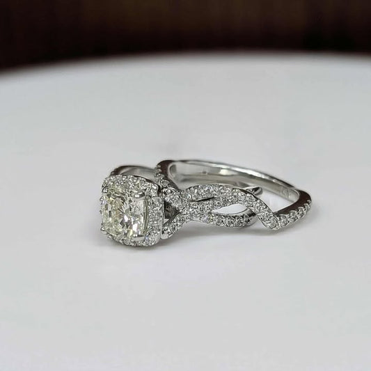 1.87 CT.T.W Framed Cushion-cut Diamond Bridal Set with Twist Shank & Countoured Band in 14k White Gold