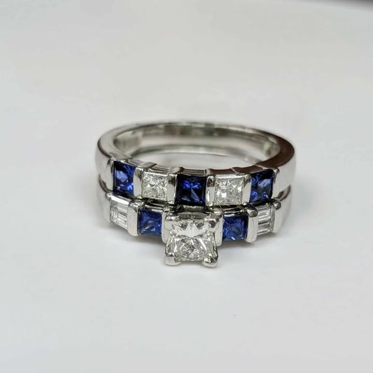 0.30 Diamond & Sapphire Bar Set Wedding Band in 14k White Gold