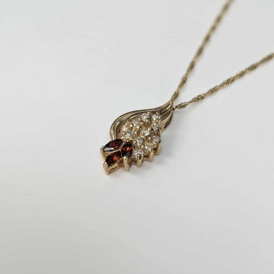 Garnet & Diamond Leaf Necklace in 14k Gold