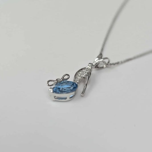 Blue Topaz and Diamond Accented "Slipper" Necklace in 14k White Gold