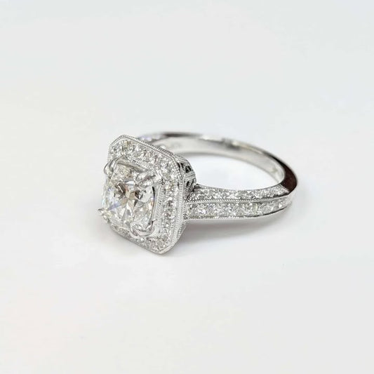 2.61 CT.T.W Cushion-cut Lab Created Diamond Engagement Ring with Natural Earth-Mined Diamond Frame, Side Accents, Double Claw Prongs and Milgrain Details in 18k White Gold
