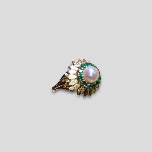 Pearl and Emerald Sunflower Ring in 14k Gold