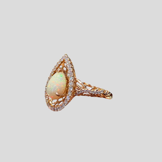 Opal Ring with Ornate Floating Diamond Halo in 18k Rose Gold