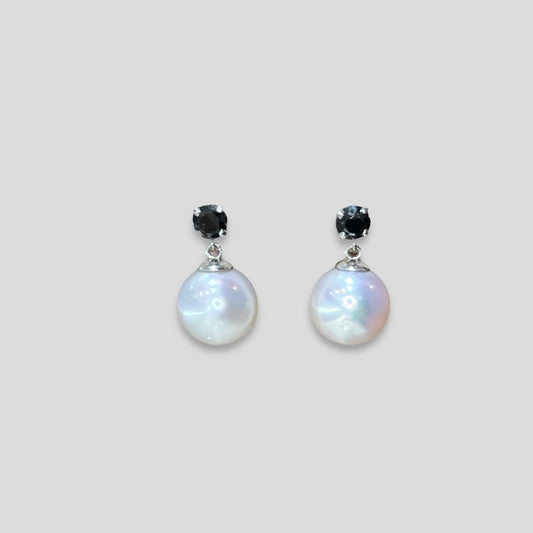 Black Diamond & Dangle Pearl Earrings in 14k White Gold