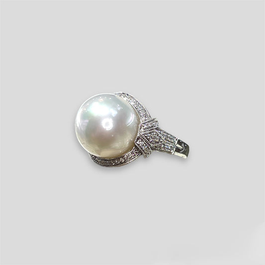 South Sea Pearl Ring with Milgrain & Diamond Accents in 14k White Gold