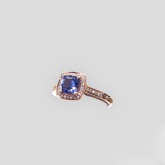 Tanzanite and Diamond Framed Ring in 14k Rose Gold
