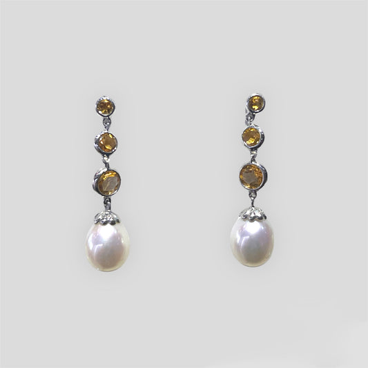 Citrine and Pearl Dangle Earrings in 14k Gold