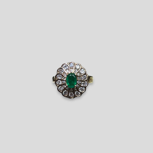 Oval Emerald and Diamond Framed Ring in 14k Yellow Gold