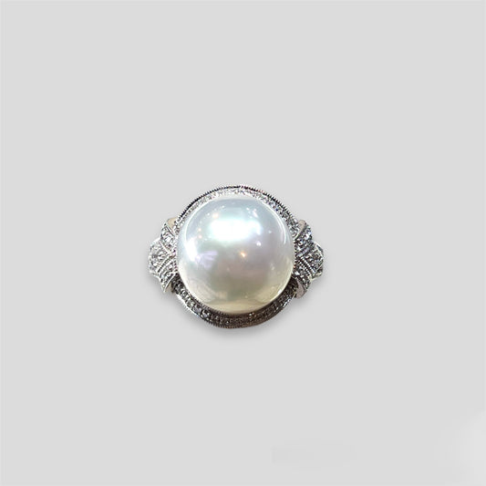 South Sea Pearl Ring with Milgrain & Diamond Accents in 14k White Gold