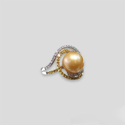 Golden Pearl Ring with Yellow & White Diamond Frame in 18k Gold