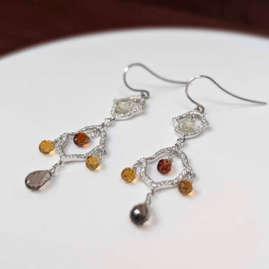 Diamond, Citrine, & Smoky Quartz Dangle Earrings in 18k White Gold - Q&T Jewelry