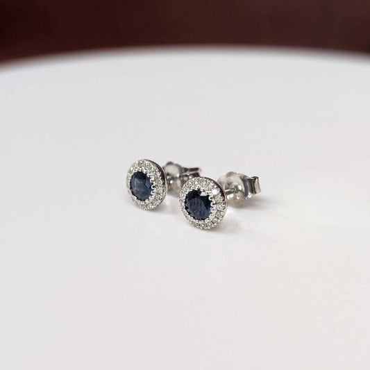 Blue Sapphire Stud Earrings with Diamond Frame in 14k White Gold