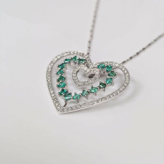 Emerald & Diamond Heart Pedant Necklace in 14k White Gold - Q&T Jewelry