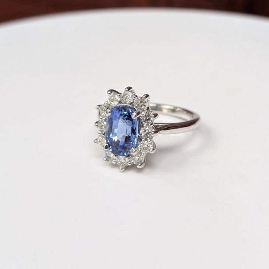 2.95 CT Oval-cut Ceylon Sapphire with 0.90 CTTW Diamond Burst Frame in 14k White Gold