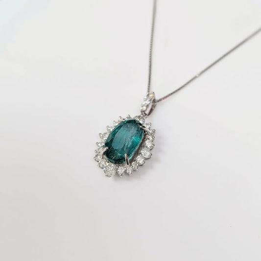 Oval-cut Emerald with Diamond Frame Pendant Necklace in 14k White Gold - Q&T Jewelry