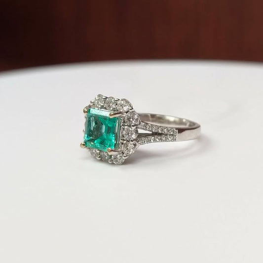 Asscher-cut Emerald Ring with 1.20 CT.T.W Diamond Frame & Split Shank on 14k White Gold - Q&T Jewelry