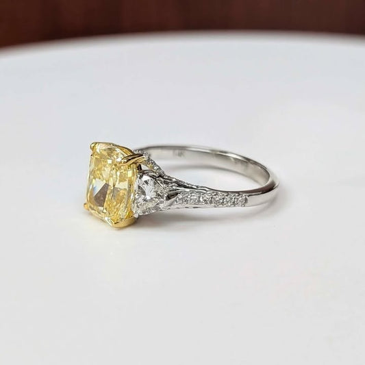 2.37 CT Elongated Cushion-cut Yellow Lab Grown Diamond Ring with Trillian-cut Side Lab Grown Diamonds & Hidden Halo in 14k White Gold - Q&T Jewelry