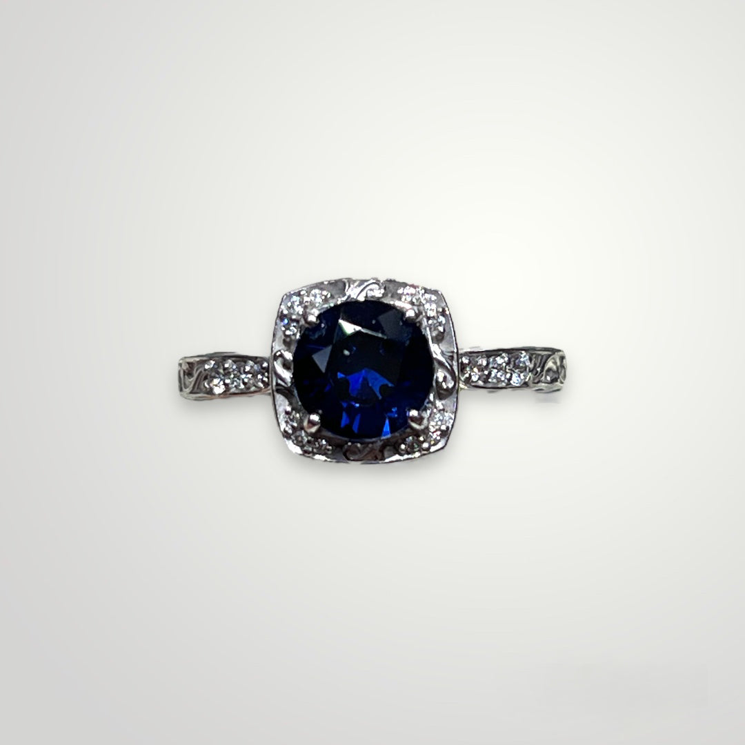 Blue Sapphire White Gold Filagree Ring