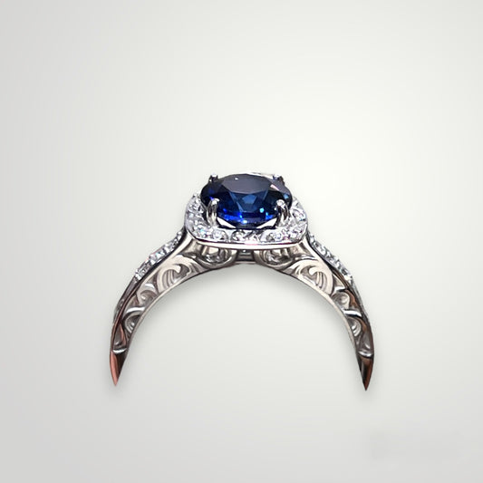 Blue Sapphire & Diamond Filigree Ring in 14k White Gold
