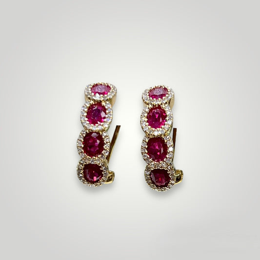 Ruby and Diamond Hoop Earrings in 14k Gold