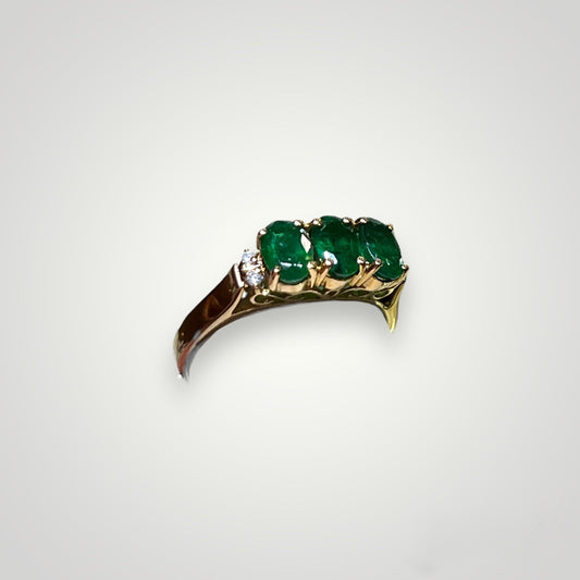 3 Stone Emerald Ring with Diamond Accents in 10k Yellow Gold