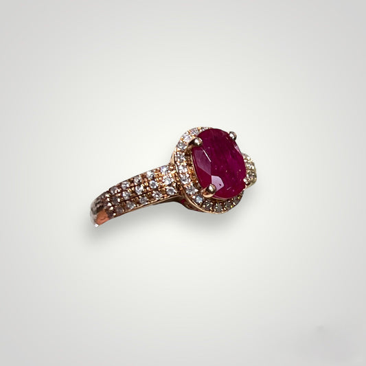 Ruby Ring with Diamond Frame & Multi-row Diamond Band in 14k Rose Gold